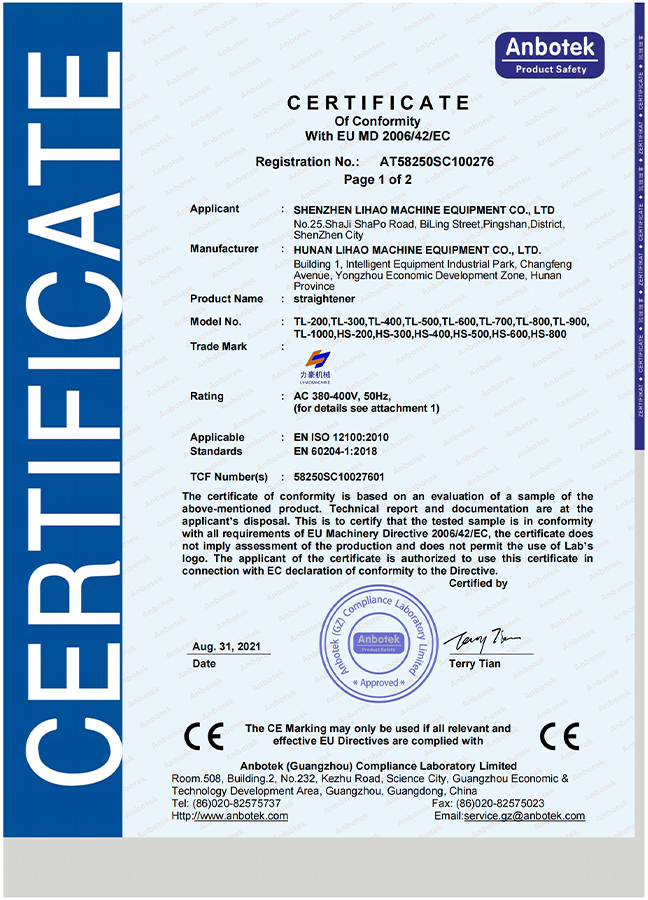 Certificate of Conformity CE (Straightener)